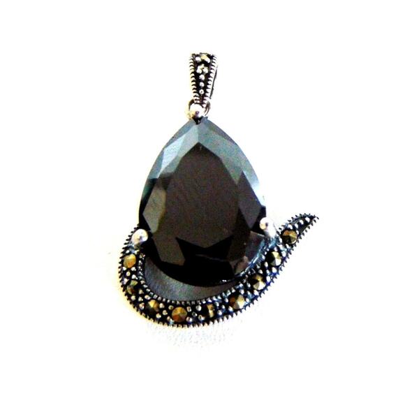 Sterling Silver Gem Pendant Black Teardrop Hematite Marcasite For Necklace 18mm - Picture 6 of 7